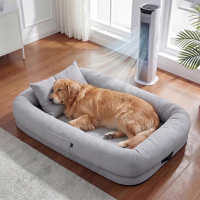 WROS Cooling Human Dog Bed for Summer, Breathable Washable Floor Lounger for People & Pets, 57'' x 35'' x 10'', Glacier Grey, Pet Bed for Hot Weather Relaxing