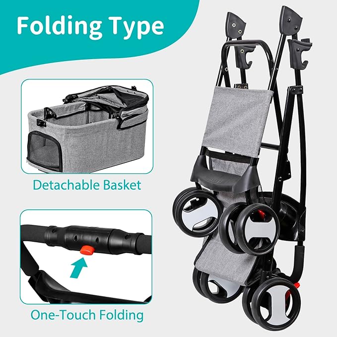 4 Wheels Dog Stroller with Detachable Carrier Folding Pet Strolling Cart for Small Medium Cats Puppies with Storage Basket Cup Holder, Gray