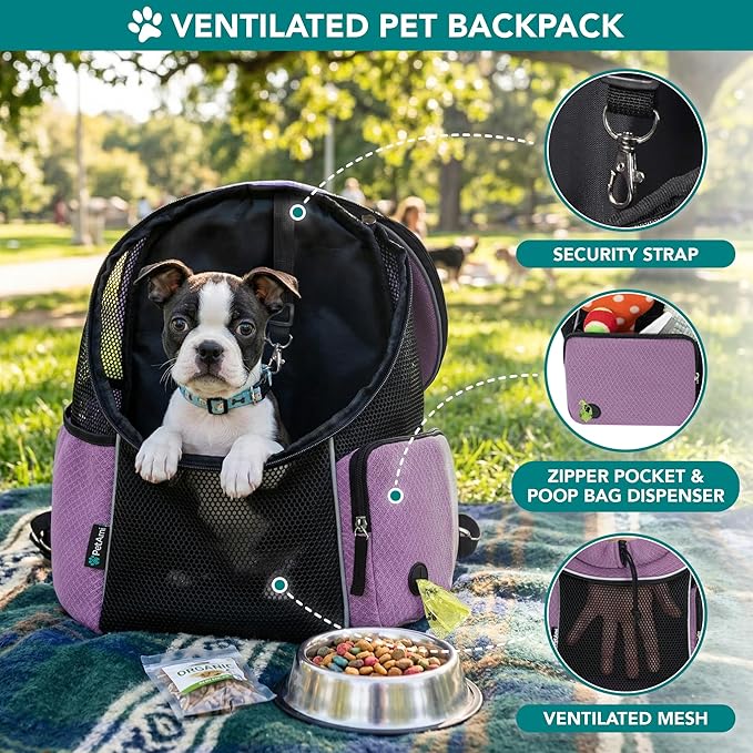 PetAmi Adjustable Cat & Dog Front Chest Carrier Backpack, Ventilated for Hiking & Camping, Max 10 lbs, Purple