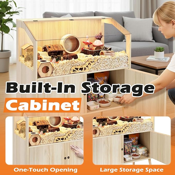 PROLEE Hamster Cage with Storage Cabinet,Large Hamster Encloure Chew Proof Wood,Clear View Hamster Habitat for Guinea Pig, Ferret, Rat, Hedgehog, 40" L x 20" W x 47" H (Oak)