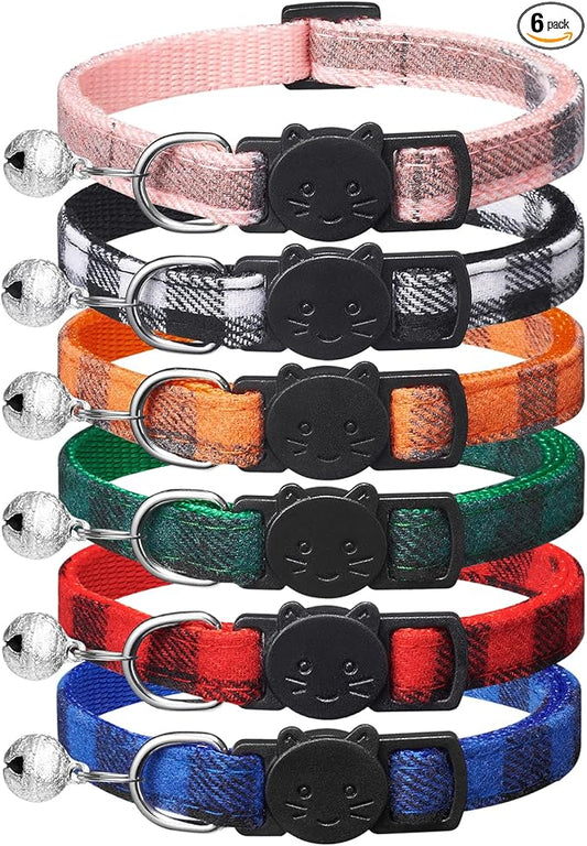 6 Pack Classic Plaid Cat Collars with Bells - Breakaway Kitten Collar and Adjustable 6-9 in,Cute Kitty Collar for Girl Boy Cats,Pet Gifts,Accessories,Supplies,Stuff