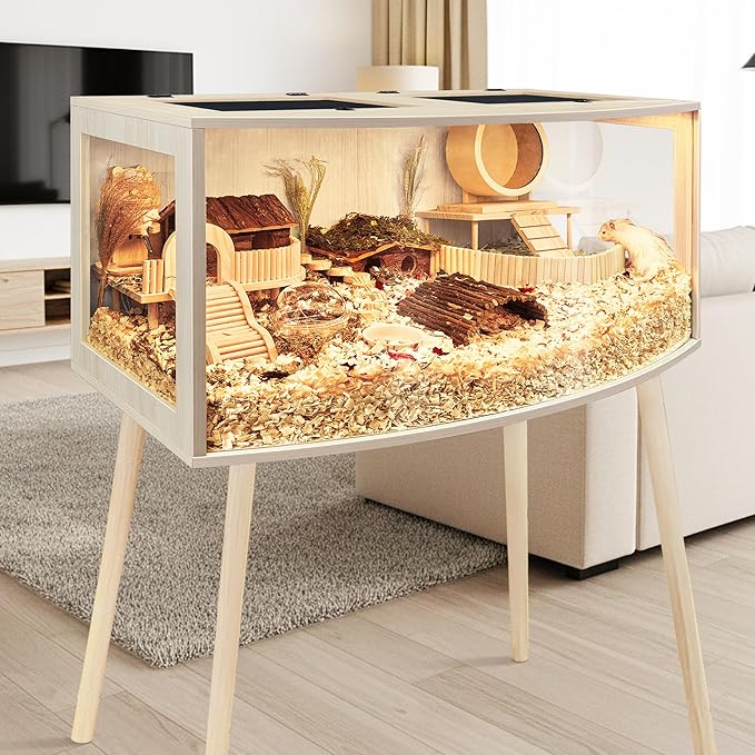 Prolee Hamster Cage with Curved Design,Chew Proof Wooden Hamsters Enclosure with Leg Stand and Openable Top or Gerbils,Hamster Habitat (40"x20"x20")