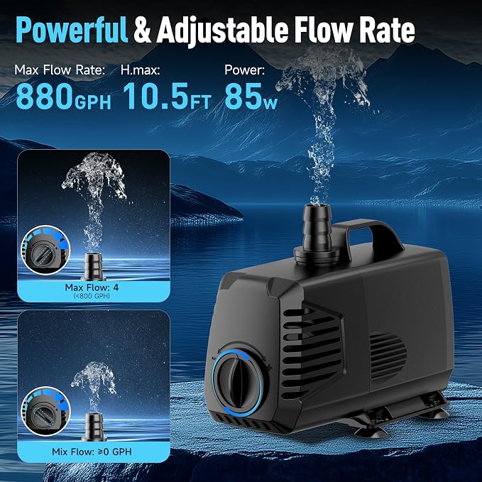 880GPH Submersible Water Pump, Water Fountain (85W 3200L/H) with 10.5FT High Lift Adjustable & 3 Nozzles & 16.4FT Cord, Ultra Quiet Aquarium Pump for Pond Fountain Waterfall Hydroponics-Q105
