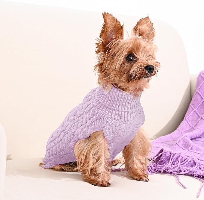 2 Pack Dog Sweaters for Small Dogs Winter Turtleneck Pullover Cable Knit Fleece Stretch Puppy Doggie Chihuahua Toy Poodle Yorkie Pomeranian Boy Girl Pet Clothes (XS, Pink & Purple)