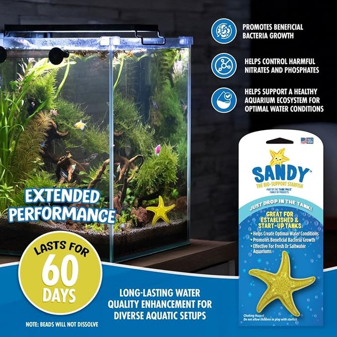 Sandy The Bio-Support Starfish - 3 Pack, Yellow- Promotes A Healthy Balanced Aquarium Ecosystem, Probiotic Growth, Tank Environment Control | Probiotic aquarium treatment for freshwater & saltwater tanks – up to 60 days, cannot be overdosed