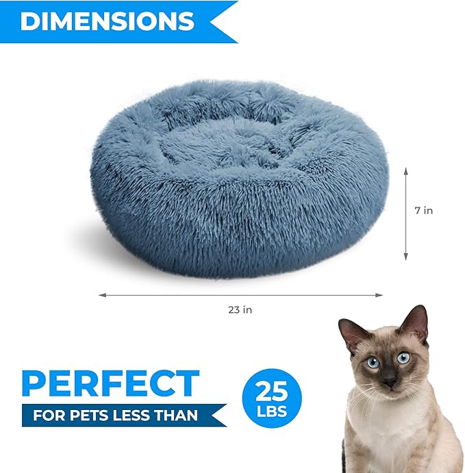 Whiskers & Friends Cat Beds for Indoor Cats, Fluffy Calming Donut Cat Bed, Small Dog Bed Washable - Orthopedic Soft Plush Pet Beds Sized for Kitten to Large Cats & Puppy to Small Dogs - Navy Grey C