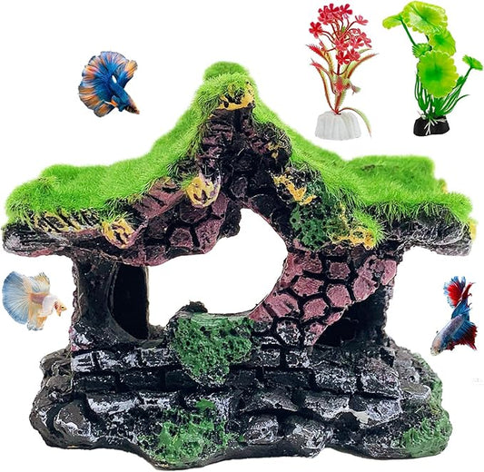Hamiledyi Resin Hollow Hideout House for Aquarium Decoration Fish Tank Accessories Betta Cave with Lifelike Moss for Shrimp Fish Shelter