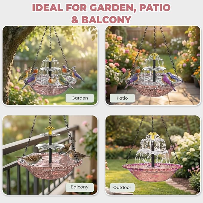 Solar Fountain for Bird Bath, Hanging Cascade Water Feature for Outdoor Garden & Yard Decor, Creates a Relaxing Flow that Attracts Birds (Pink)