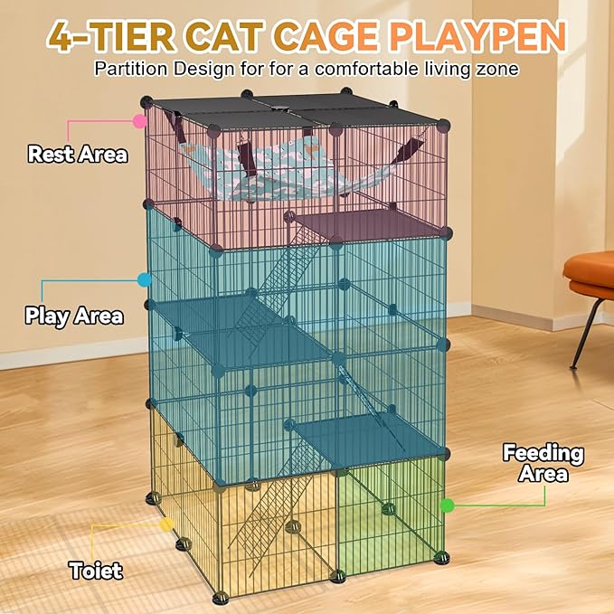 VISCOO Cat Cage, 4-Tier DIY Cat Enclosures Catio, Cat Playpen Indoor & Outdoor with Hammock, Detachable Metal Wire Kennel Cats Crate, 2x2x4 Exercise Place for 1-3 Cats/Kitten