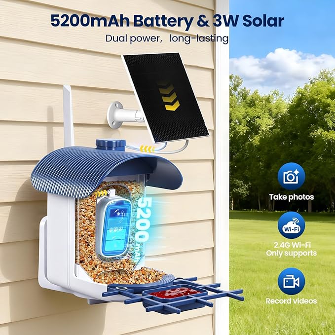 Smart Bird Feeder with Camera : 2K HD Video Live Stream, AI Birds Species Identification ＆ Instant Arrival Alerts, Solar Bird Feeder Camera for Outdoor Backyard - Ideal Gifts for Mom Dad Birdlovers