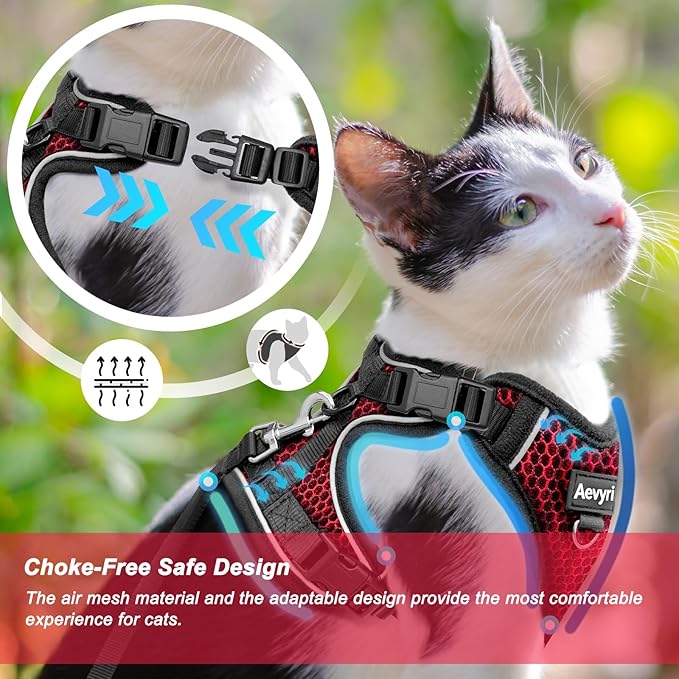 Cat Harness and Leash for Walking Escape Proof Soft Adjustable Cat Leash Breathable Honeycomb Structure Comfortable Vest Easy to Wear Kitten Harness for Outdoor Travel, Honeycomb Red, L