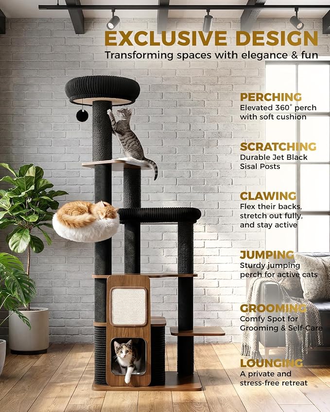 63" Modern Cat Tree Tower for Indoor Cats, Heavy Duty Cat Trees for Large Cat, Adult Maine Coon Cat Tree Tower with Scratching Post, Extra Large Top Perch, Cat Condos (Black)
