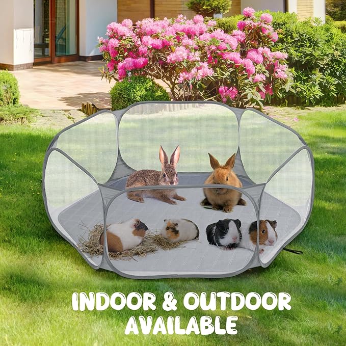 Pawaboo Small Animals Playpen with Pad, Waterproof Small Pet Cage Tent with Reusable Pad, Portable Outdoor Yard Fence for Chick/Kitten/Puppy/Guinea Pig/Rabbits/Chinchillas, Gray+Gray