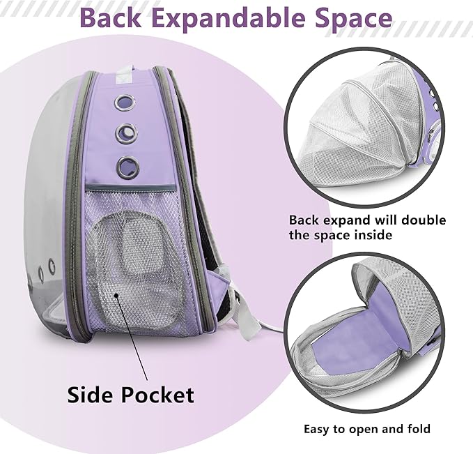 Expandable Cat Backpack Carrier, Breathable Clear Bubble Window Pet Carrier for Small Dogs and Cats up to 12 lbs, Airline Approved Travel Bag for Hiking and Outdoor Use (Back Expandable-Purple)