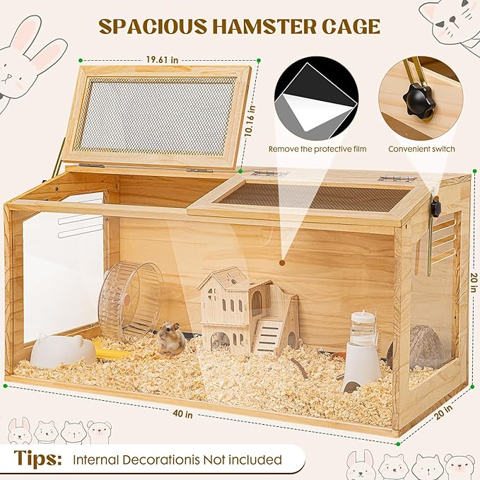 Hamster Cage 40" Wooden Chewproof, 270° Panoramic View Large Habitat with Bite-Proof Mesh, Top Dual Access Doors & Acrylic Panels, for Syrian/Dwarf Hamsters, Guinea Pigs, Chinchillas & Gerbils