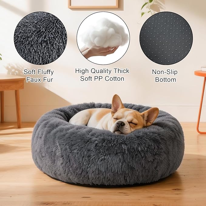 Dog Calming Beds for Small Medium Large Dogs - Round Donut Washable Puppy Dog Bed, Anti-Slip Faux Fur Fluffy Donut Cuddle Anxiety Cat Pet Bed(32" Dark Grey)