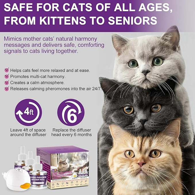 SLE Cat Pheromones Calming Diffuser: 1 Cat Calming Diffusers & 3 Refills, Relieve Anxiety Stress Reduce Spraying Fighting and Scratching Fits All Cats & Kittens