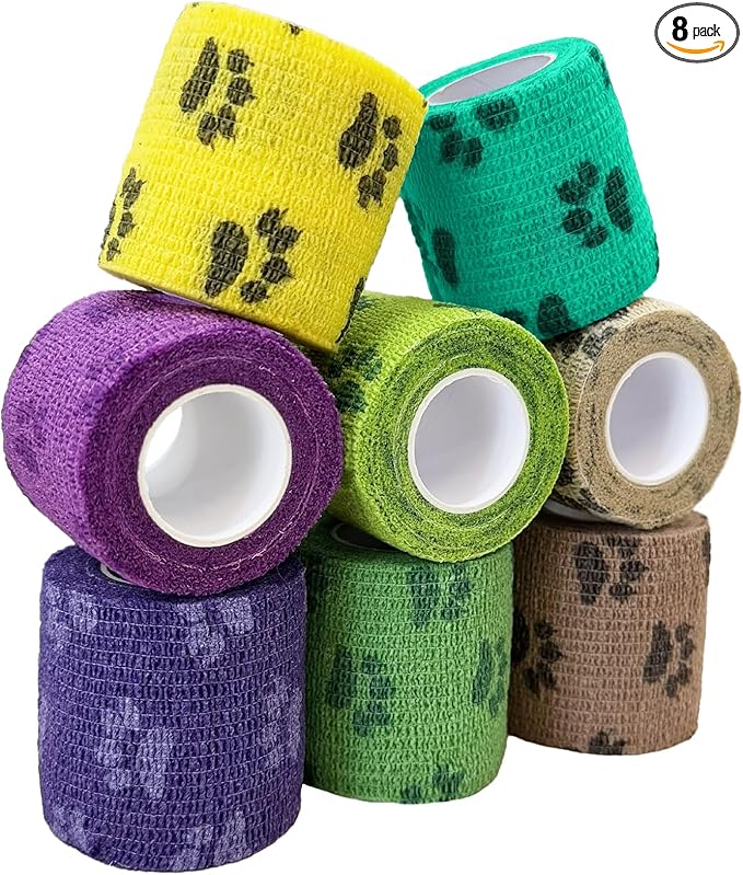 Self-Adherent Tape, Cohesive Wrap for Horses Cats Birds & Pets, Great for Crates Leash Bags & Travel Kits, 2 Inches X 5 Yards, Paw Design, 8 Rolls, Woodland Paw