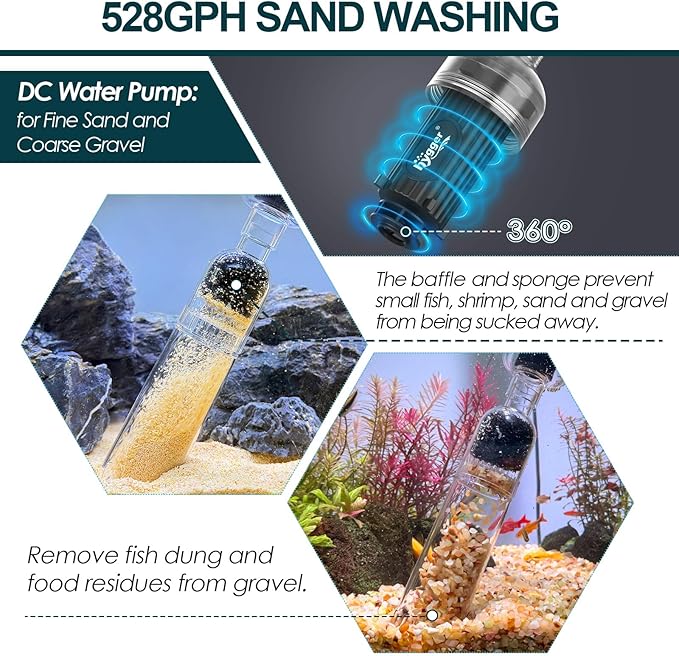 hygger Electric Aquarium Gravel Cleaner, 528GPH Fish Tank Vacuum, 5-in-1 Automatic Sand Washer Water Changer Cleaning Kit for Freshwater Saltwater, Adjustable Length Handle Tube,Hose, Clamp