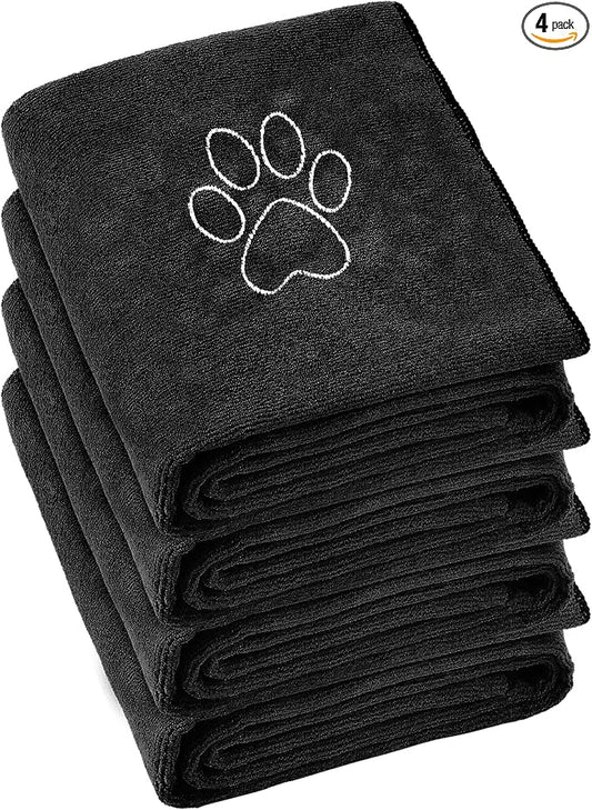 Chumia 4 Pack Dog Towels for Drying Large Microfiber Grooming Tools Absorbent Soft Bath Supplies with Embroidered Paw for Small Medium Pet Products(30 x 50 Inch,Black)