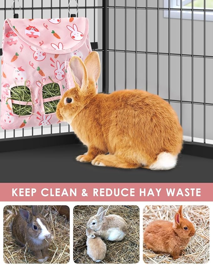 Bissap Rabbit Hay Feeder Bag, 2 Holes Hanging Hay Feeder Guinea Pig Hay Bag with Side Pocket for Rabbits Bunny Chinchillas Hamsters Rats and Other Small Pets Small Animal - Pink