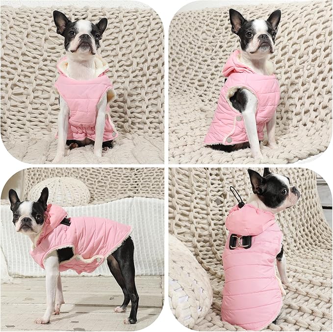 Vecomfy Fleece Lining Dog Hoodie with Harness Built in,Extra Warm Medium Dog Jacket in Winter Doggie Coats with Drawstring Hooded,Light Pink L