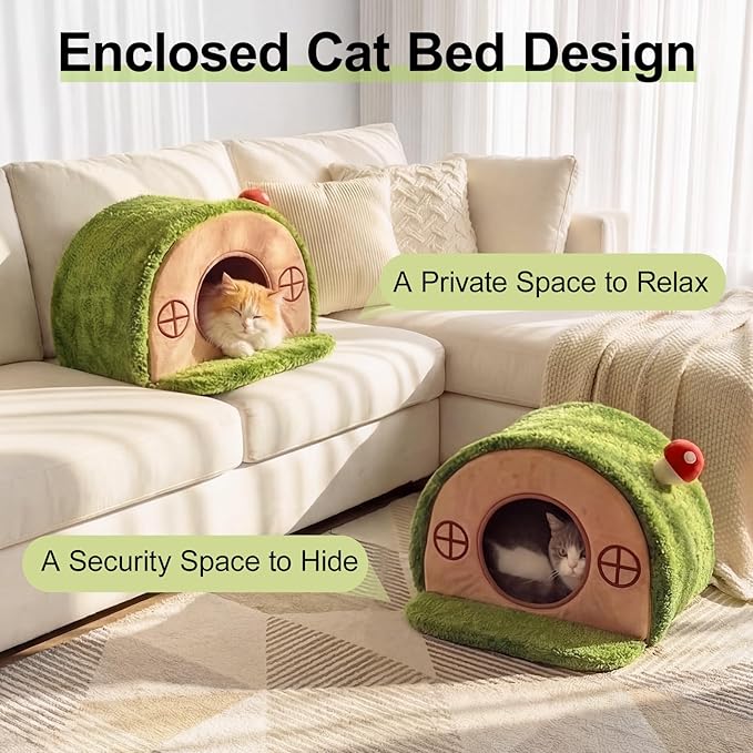Cat House for Indoor Cats - Cute Cat Bed Cave, Tree Hole Cat Bed Tent for Kittens and Small Medium Pets with Removable Washable Cushion & Anti-Slip Bottom, Enclosed Kitten Bed Hideaway
