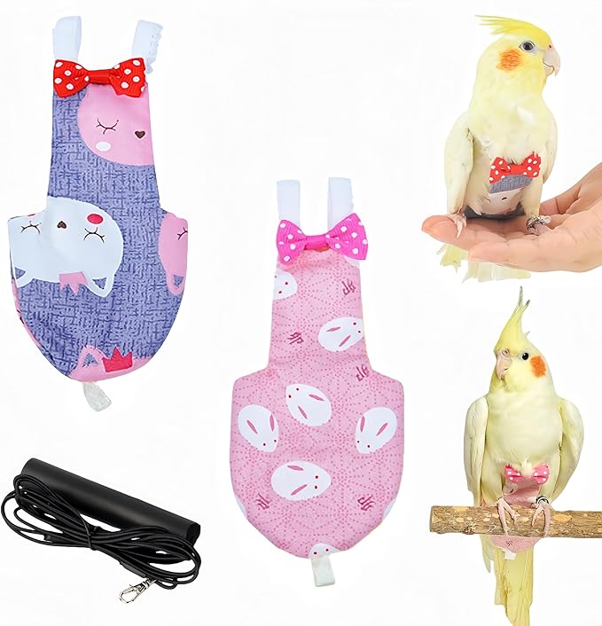 2Pcs Bird Diapers Bird Harness Flight Suits Diapers with 80 Inch Flying Leash Parrot Nappy Washable Cute Urine Wet Suit for Cockatiel Conure Macaw Budgies Parakeet-Rabbit&Kitten,M