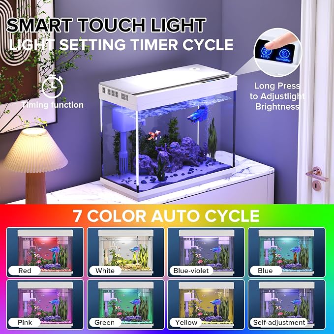 Vehipa 2.4 Gallon Betta Fish Tank, Heater and Humidifier | HD Glass, 3-in-1 Pump, Temperature Display, Timed 7-Color Lights