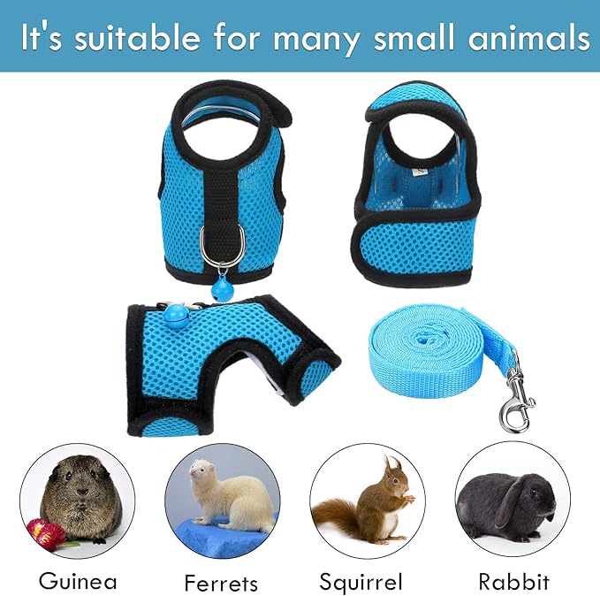 SATINIOR 2 Sets Guinea Pig Harness and Leash Adjustable Soft Mesh Harness Bell No Pulling Comfort Vest for Baby Ferret Rats Hamster Bunny Rabbit Chinchilla and Small Pet(Blue, Black,L)
