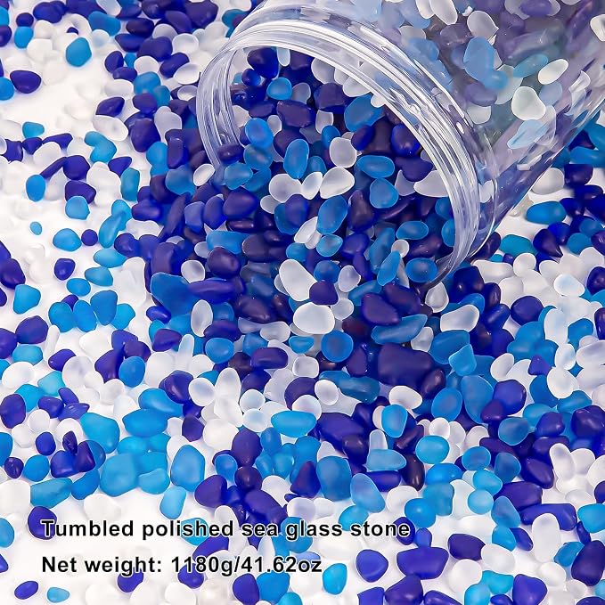 QEQEKAKA Sea Glass Stones for Crafts 2.75LB Mixed Blue Gemstones Bulk | Small Glass Stones for Beaching Wedding DIY Decor Aquarium Turtle Tank Vase Filler (1180g/41.62oz)