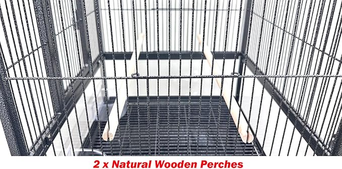 Elegant Sturdy Wrought Iron Bird Parrot Flight Cage Front Door Side Nesting Doors Acrylic Clear Bottom Prevent Food Spillage Storage Shelf Removable Rolling Stand Lockable Wheels
