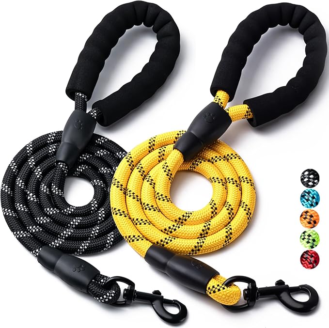 2 Pack Dog Leash, 4/5//6 FT Heavy Duty Nylon Rope Pet Leashes with Comfortable Padded Handle, Reflective Dog Leashes for Small Medium and Large Dogs (6FT-1/2,Black/Yellow)