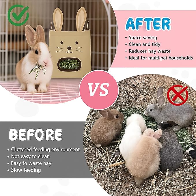 Rabbit Hay Feeder Bag - Hanging Rabbit Hay Feeder for Rabbits, Guinea Pigs and Chinchillas, Moss and Alfalfa Hay (Khaki)