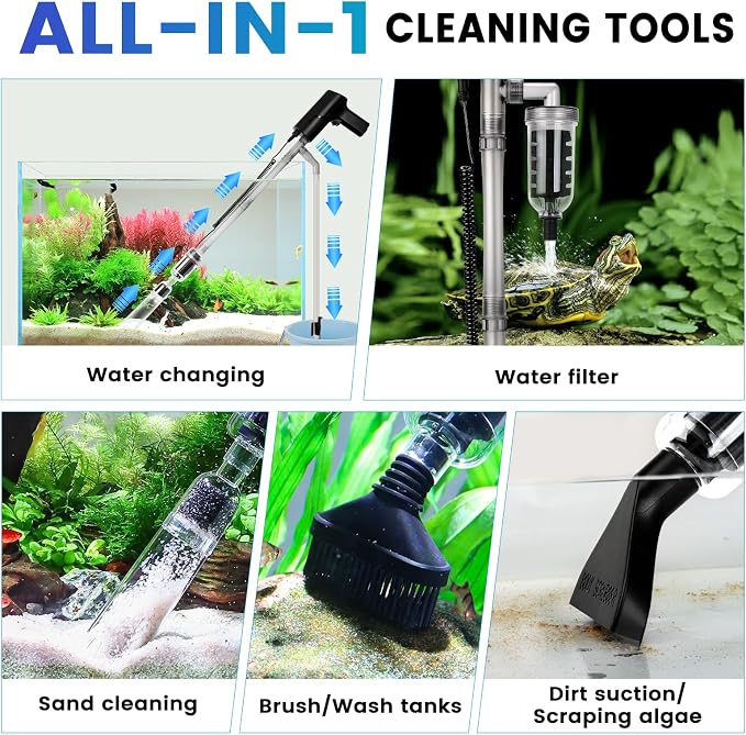 hygger Battery Powered Aquarium Vacuum Gravel Cleaner, 6 in 1 Automatic Fish Tank Vacuum Handle Control, Powerful Gravel Vacuum for Aquarium, Water Changer Sand Washer Water Filter Adjustable Length