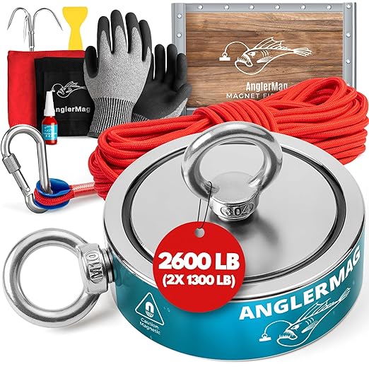 AnglerMag™ Magnet Fishing Kit - 2600 lbs Double Sided Neodymium Magnetic Fishing Stuff with Rope - 10 PCS Extra Strong Complete Gift Set with eBook, Carabiner, Gloves, Grappling Hook & Carrying Bag