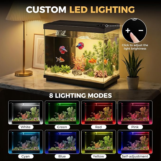 2.2 Gallon Small Fish Tank, Betta Fish Aquariums Black | with 4-in-1 Filter Pump, LED Light, Temperature Display, Fan & Surface Intake Design, for Home Office, Beginner Friendly