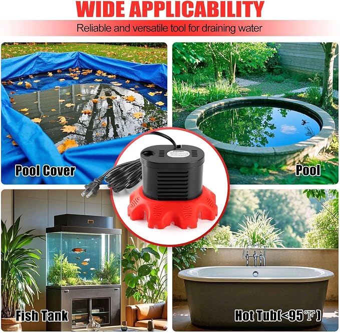 FIDISP Pool Cover Pump, 850 GPH Pool Water Pump with 20 FT Drain Hose | 4 Adapters, 25 FT Power Cord, Water Pump for Pool Draining for Drainage of Pool Covers, Ponds (Red)