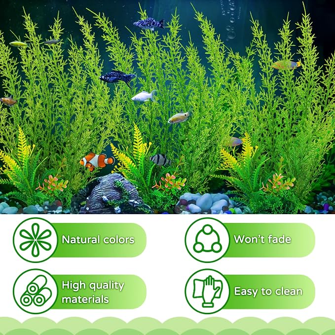 QUOZUO Fish Tank Accessories Large Plants, Green Fish Tank Decorations, Aquarium Decor Plastic Plants 3pcs