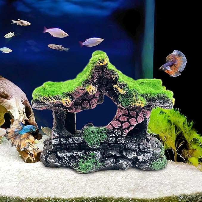 Hamiledyi Resin Hollow Hideout House for Aquarium Decoration Fish Tank Accessories Betta Cave with Lifelike Moss for Shrimp Fish Shelter