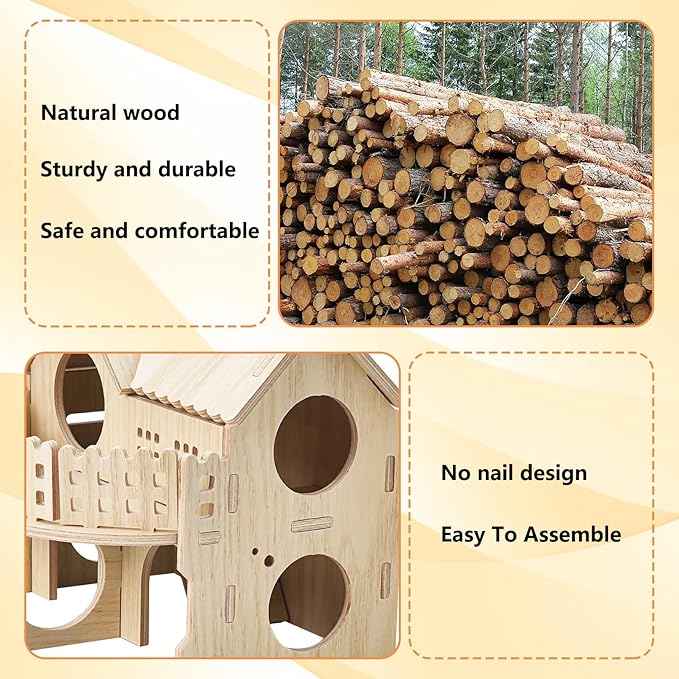 BNOSDM Double Hamster Hideout House, Wooden Hamster Toy with Balcony & Seesaw, Small Animals Hides for Syrian Dwarf Hamsters, Gerbils