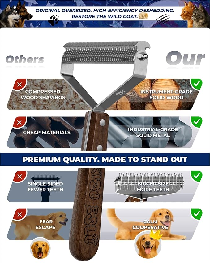 Dog Brush for Shedding 20 Blade Dematting Tool Pet Brush Dual Side, Undercoat Rake for Large Medium Small Dogs and Cats, Shedding Dog Comb for Grooming, Premium Wood Handle