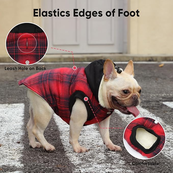 Vecomfy Fleece Lining Dog Hoodie for Medium Dogs Extra Warm Plaid Sweater with Drawstring Hooded Coats in Winter Doggie Jacket,Red XL
