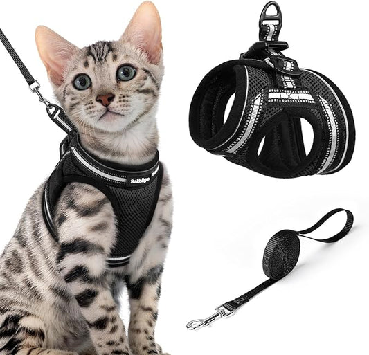 rabbitgoo Cat Harness and Leash Set for Walking Escape Proof, Adjustable Soft Kittens Vest with Reflective Strip for Cats, Comfortable Outdoor Vest, Black, XL