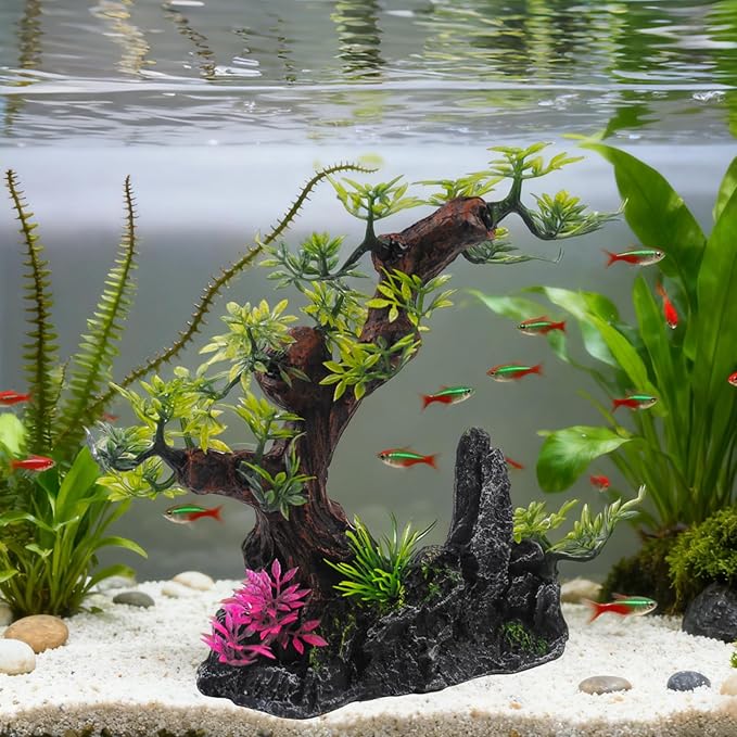 Aquarium Bonsai Tree Decor,Fish Tank Decorations Resin Rock View with Artificial Plants Accessories Betta Goldfish Ornaments Freshwater Saltwater Décor for Small Fish Shrimp
