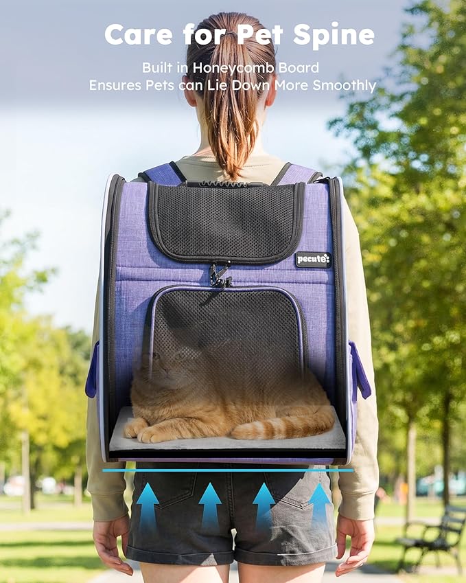 Pecute Cat Backpack Carrier Expandable, Pet Backpack for Cats & Small Dogs Up to 11lbs, with 4-Side Breathable Mesh, Multi-Entry & Lockable Zippers for Travel, Hiking, Camping - Hands Free, Purple