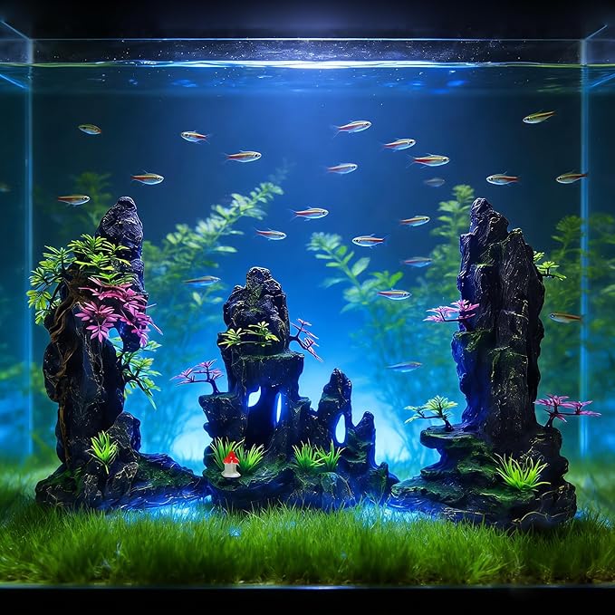 Large Aquarium Decoration - Resin Rockery Landscape Castle Decoration Fighting Fish Hiding Cave Fish Tank Ornaments Accessories - Height 14.3 inches (Purple)