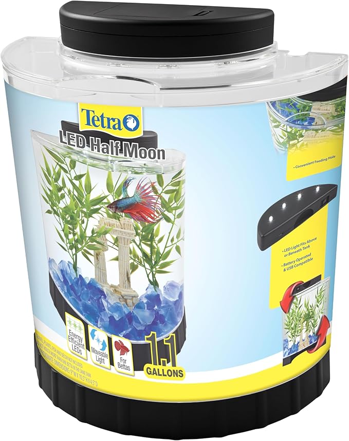 Tetra LED Half Moon Aquarium Kit, 1.1 Gallons, Small, Clear Plastic Fish Tank With Curved Front, Easy Feeding And Movable, Energy-Efficient LEDs Ideal For Bettas Great As Desk Aquarium