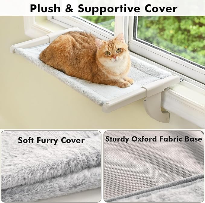 Zoratoo Window Sill Mount Cat Perch for Indoor Cats, One-Step Sliding Clamping Slot Adjustment Cat Hammock with Washable Cover, No Suction Cups Pet Bed for Windowsill & Bedside (Large)