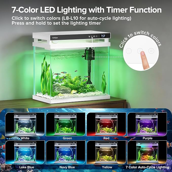 Vehipa Fish Tank Aquarium, 2.2 Gallon White Smart Fish Aquarium Kits | with Auto Feeder, Silent Water Pump, Temperature Display, Smart Humidifier & 7-Color Lighting, for Office & Home